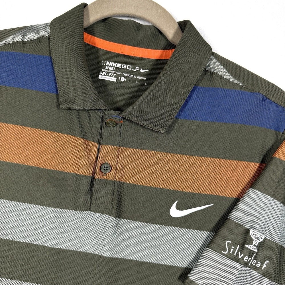 Nike Golf Polo Shirt Mens Large Silverleaf Embroidered Logo Dri Fit Bold Stripe
